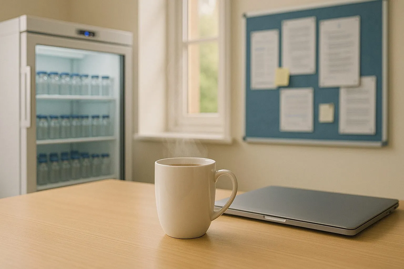 Background showing a medical office with a vaccine fridge